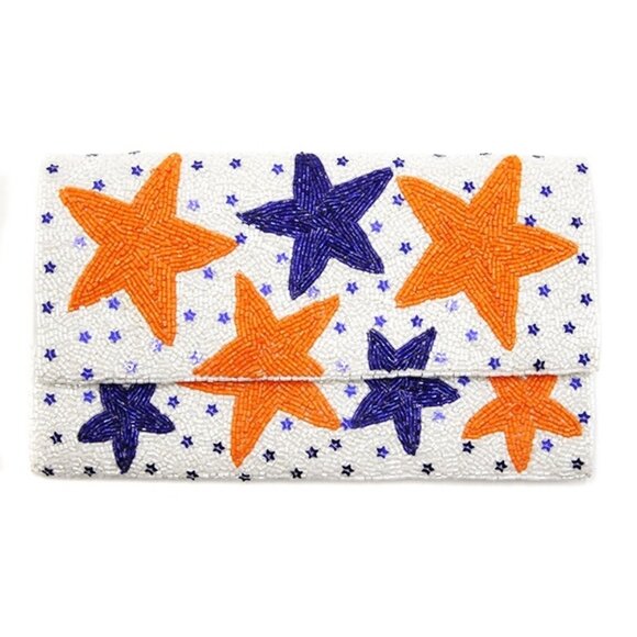 STAR Seed Beaded Orange Blue Team Colors Astros Auburn Crossbody Clutch Handbag - Picture 4 of 8